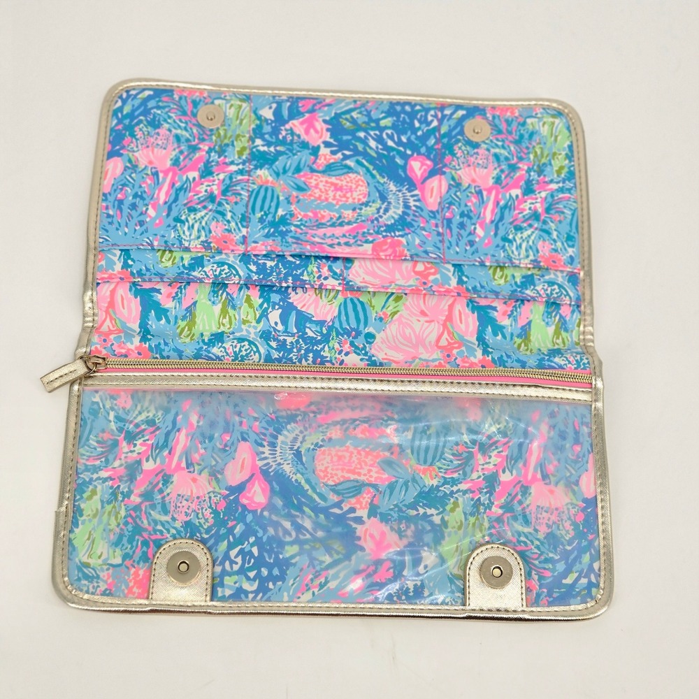 Lilly Pulitzer Bi-Fold Travel Organizer Clutch Bag Fished My Wish Gold Trim